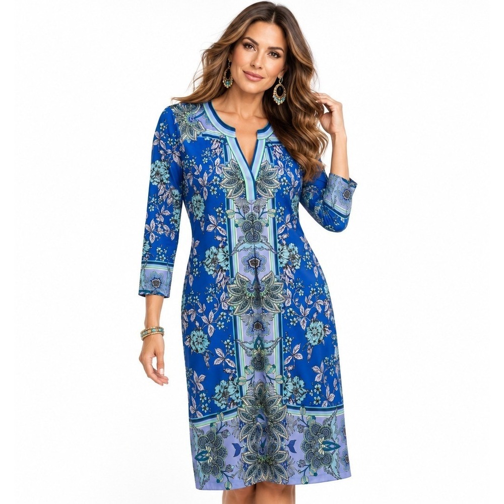Hale Bob Blue Floral Paisley V-Neck 3/4 Sleeve Stretch Jersey Dress Medium